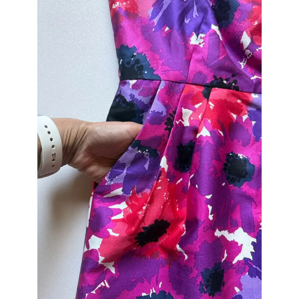 Kate Spade Women's Pink Purple Floral Print Cotton Silk Cap Sleeve Dress Size 2